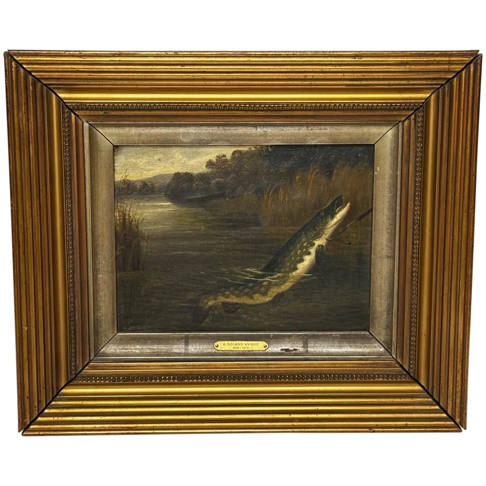 Angling Oil Painting Northern Pike Surfacing Caught By Arthur Roland Knight 1890