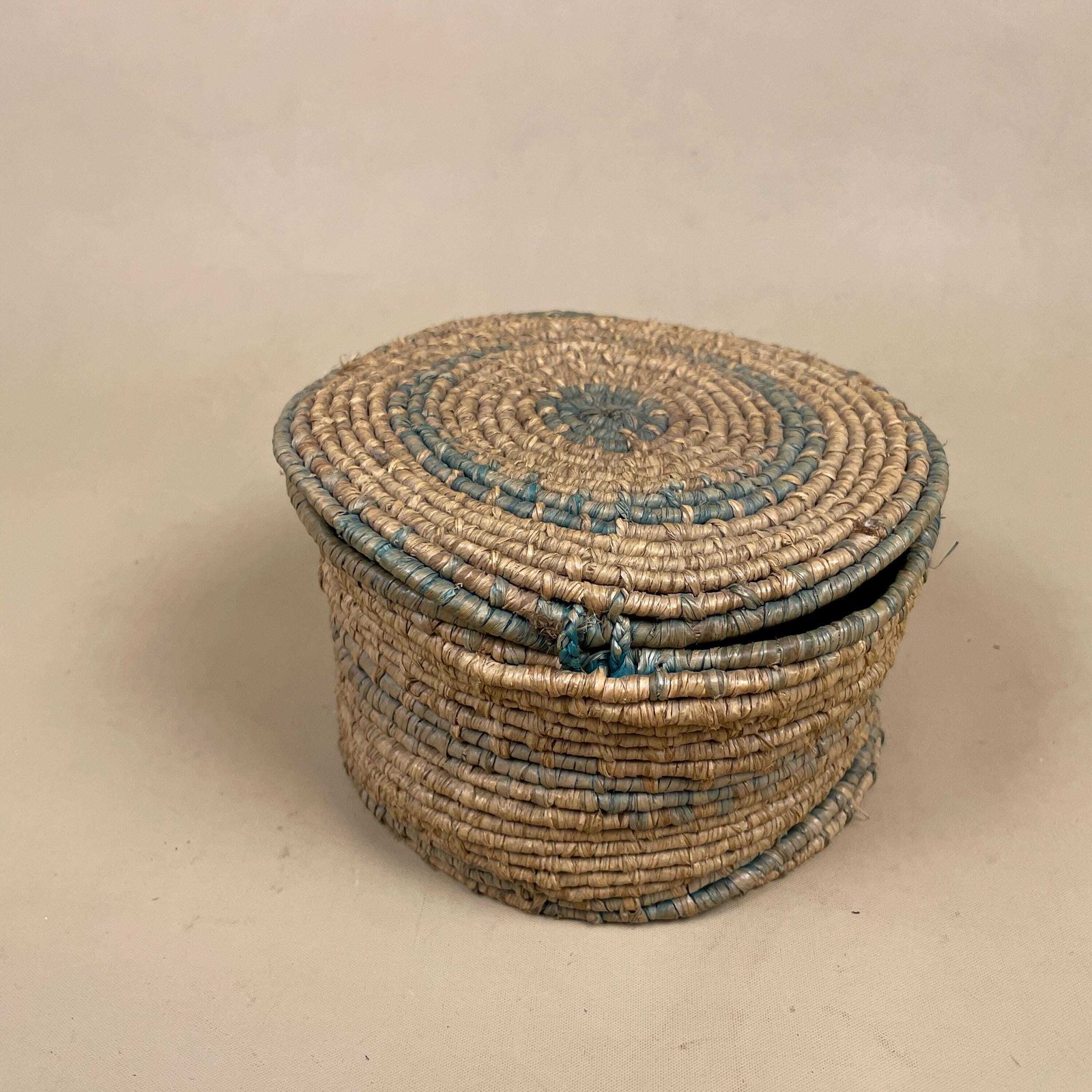 Lidded Woven Basket Blue Coiled Palm Leaf Natural Fibre Storage Boho Handmade Slouchy Vintage photo furniture