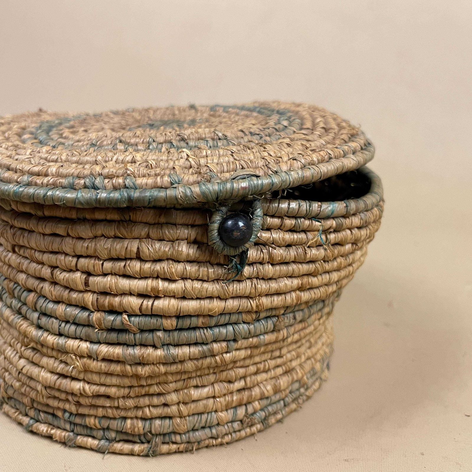 Lidded Woven Basket Blue Coiled Palm Leaf Natural Fibre Storage Boho Handmade Slouchy Vintage photo buy