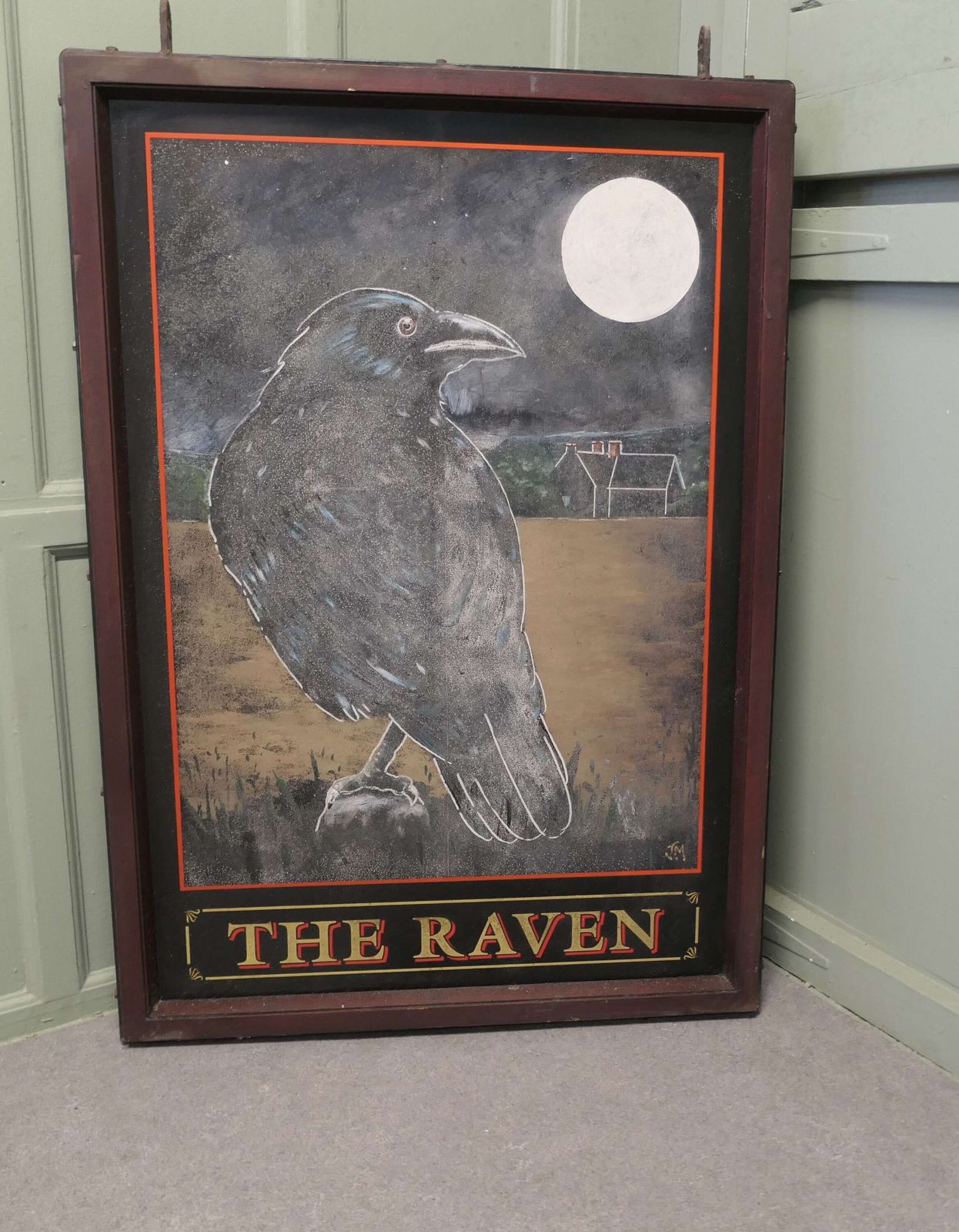 Wooden Iron Framed Hanging Pub Sign. The Raven, Signed This Is An Original Large And Heavy.