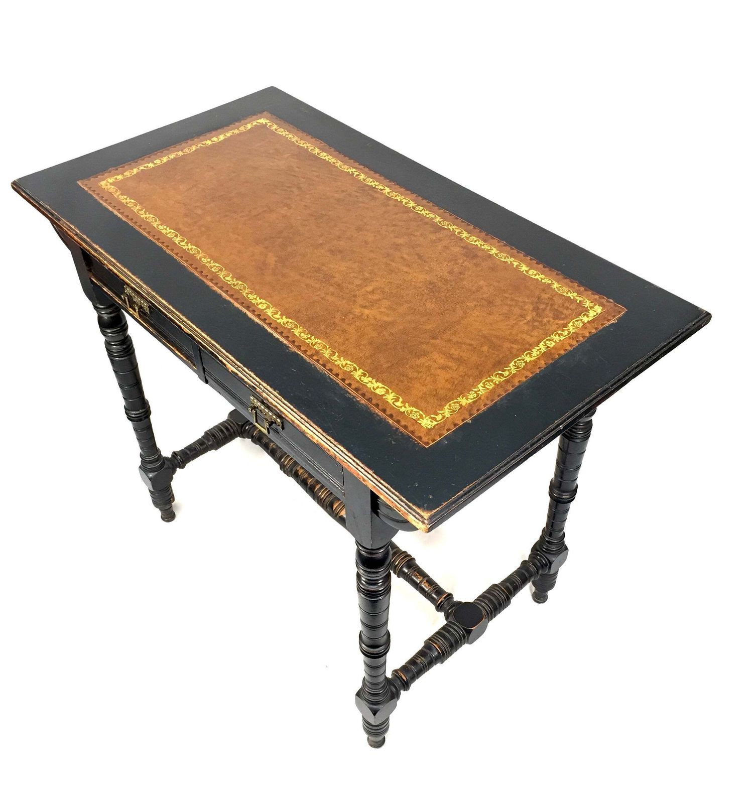Antique Ebonised Mahogany Wooden Writing Desk With Leather Aesthetic Movement. photo furniture