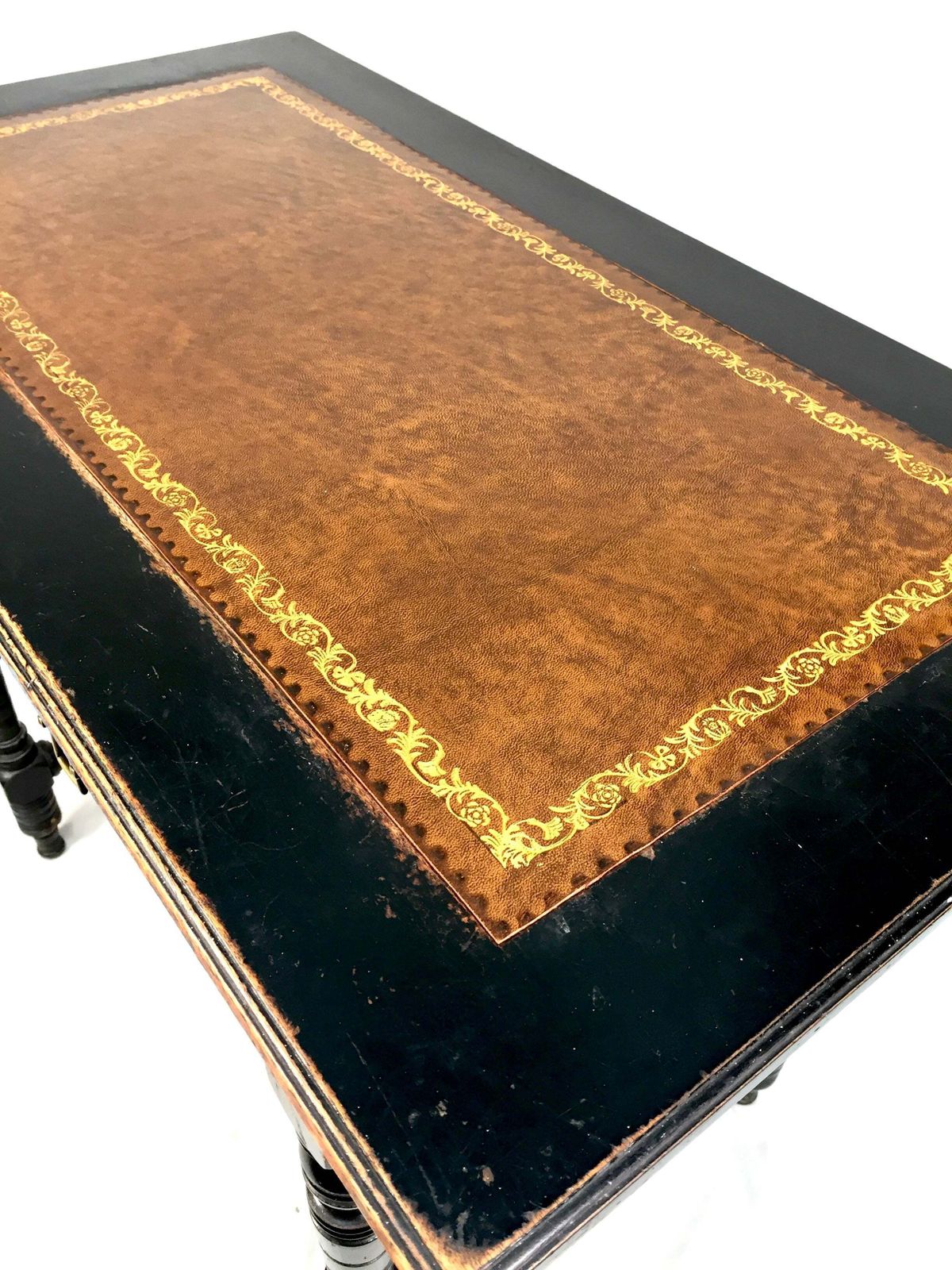 Antique Ebonised Mahogany Wooden Writing Desk With Leather Aesthetic Movement. photo for sale