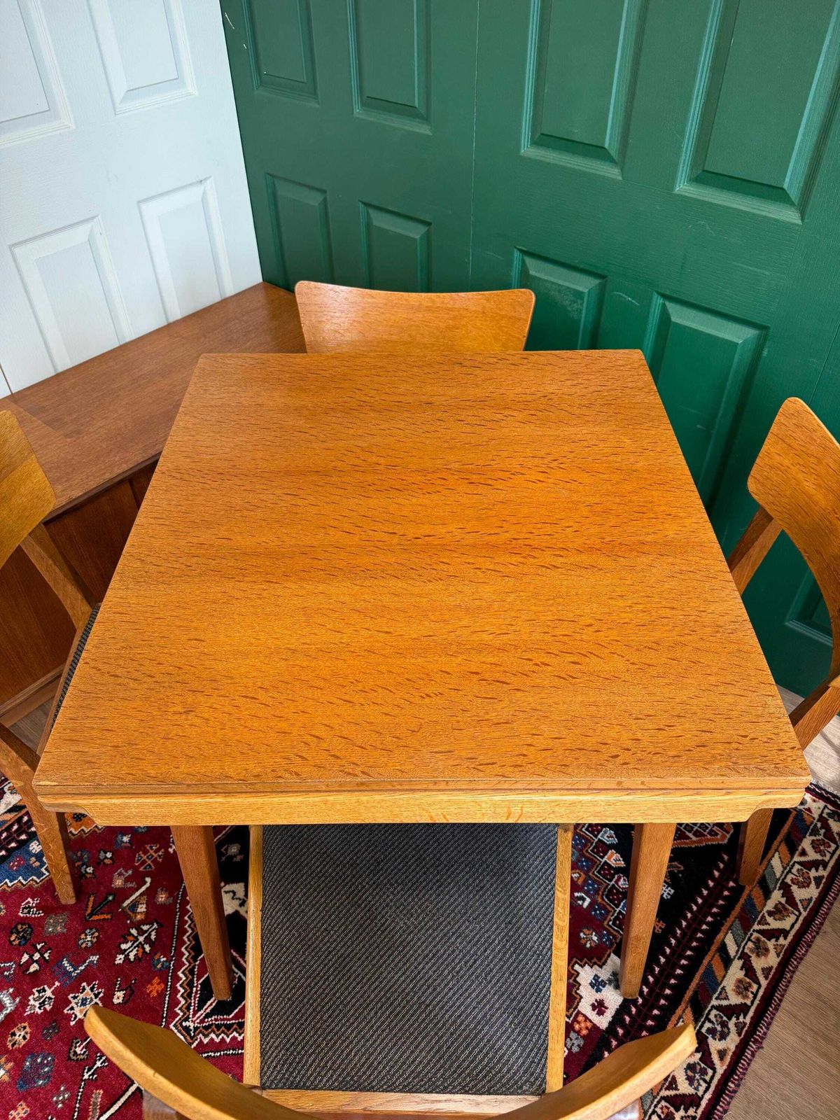 Mid Century Modern 1960s Oak G Plan E Gomme Brandon Extending Square To Rectangular Dining Table And Four Butterfly Chairs photo for sale