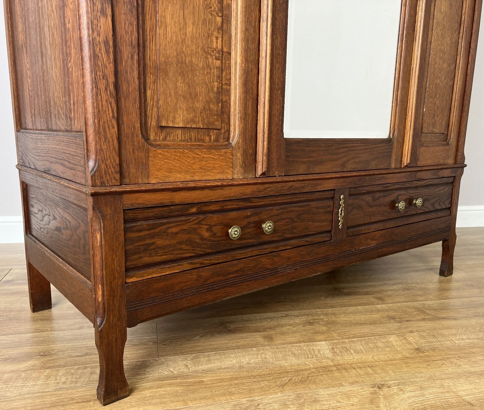 749.0 Wardrobe Antique French Oak Two Door Mirrored Carved Armoire Cabinet Lot 6144 photo