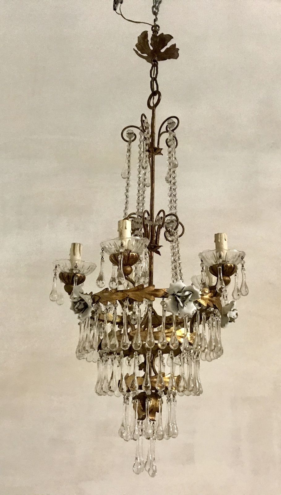 Antique Gold Gilded Murano Glass Pendant Chandelier With Porcelain Roses photo furniture