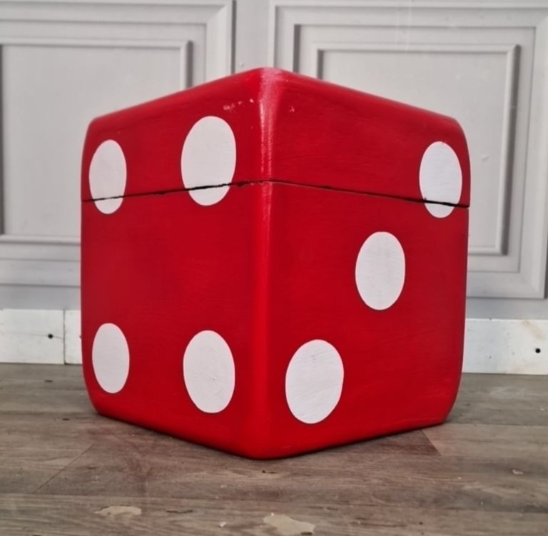 Vintage Dice Table Storage Box   Wooden Side Red Cube Seat Stool   Novelty Retro photo for sale