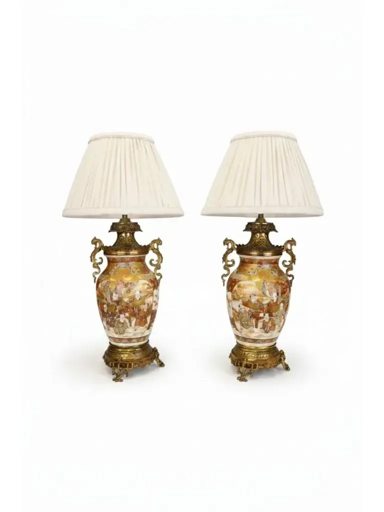 Pair Of Large 19th Century Japanese Satsuma Table Lamps – Grand Gilt Bronze Ormolu Mounts