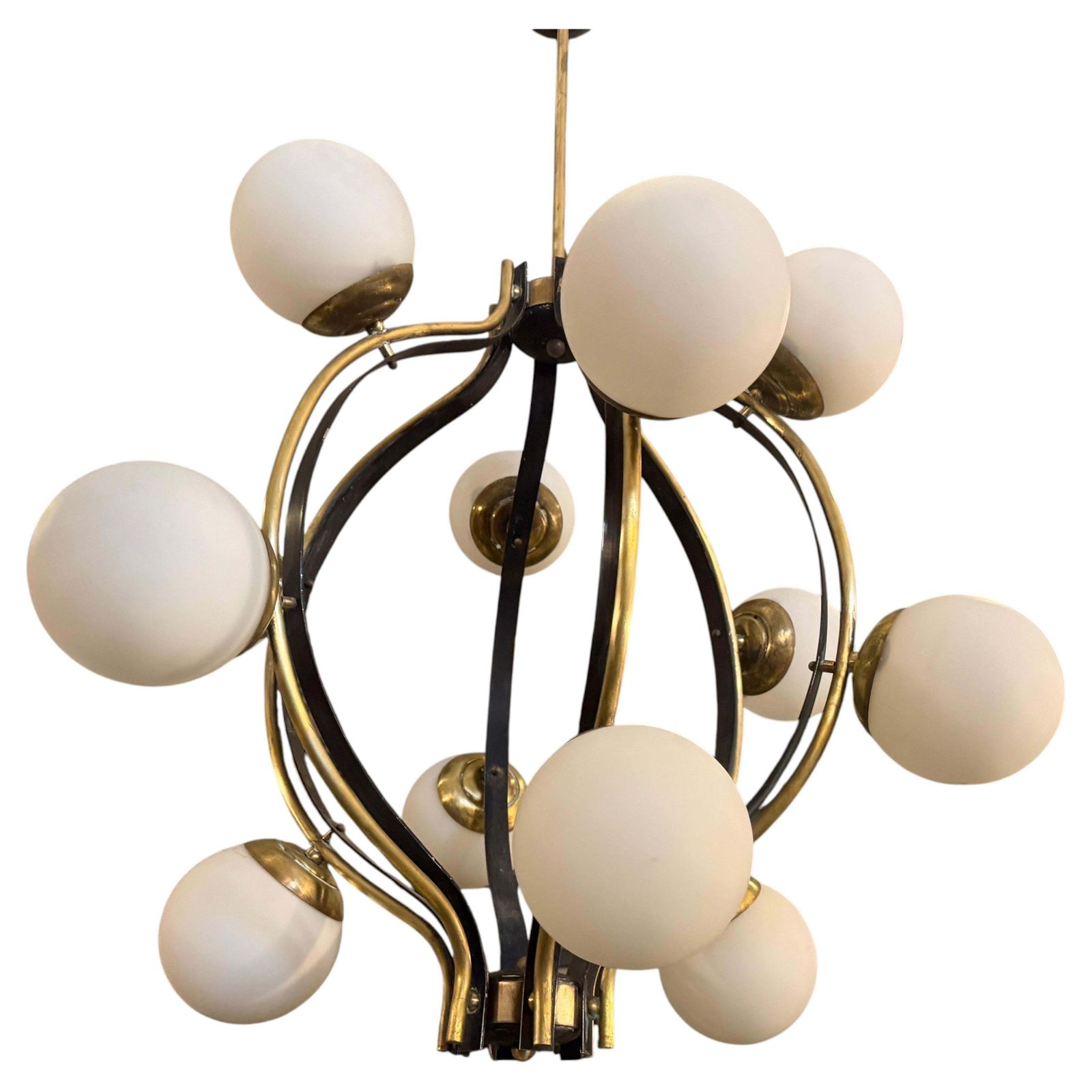 1950s Mid  Century Modern Brass And White Glass 12 Lights Chandelier By Stilnovo photo for sale