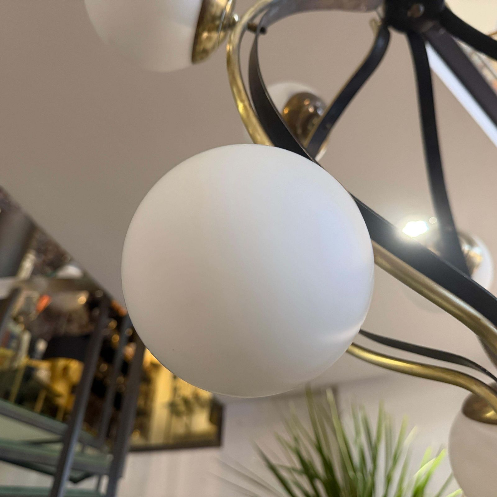 photo furniture 1950s Mid  Century Modern Brass And White Glass 12 Lights Chandelier By Stilnovo