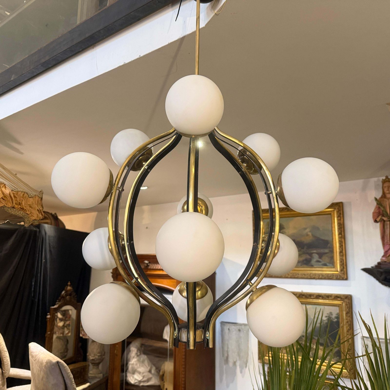 photo buy 1950s Mid  Century Modern Brass And White Glass 12 Lights Chandelier By Stilnovo