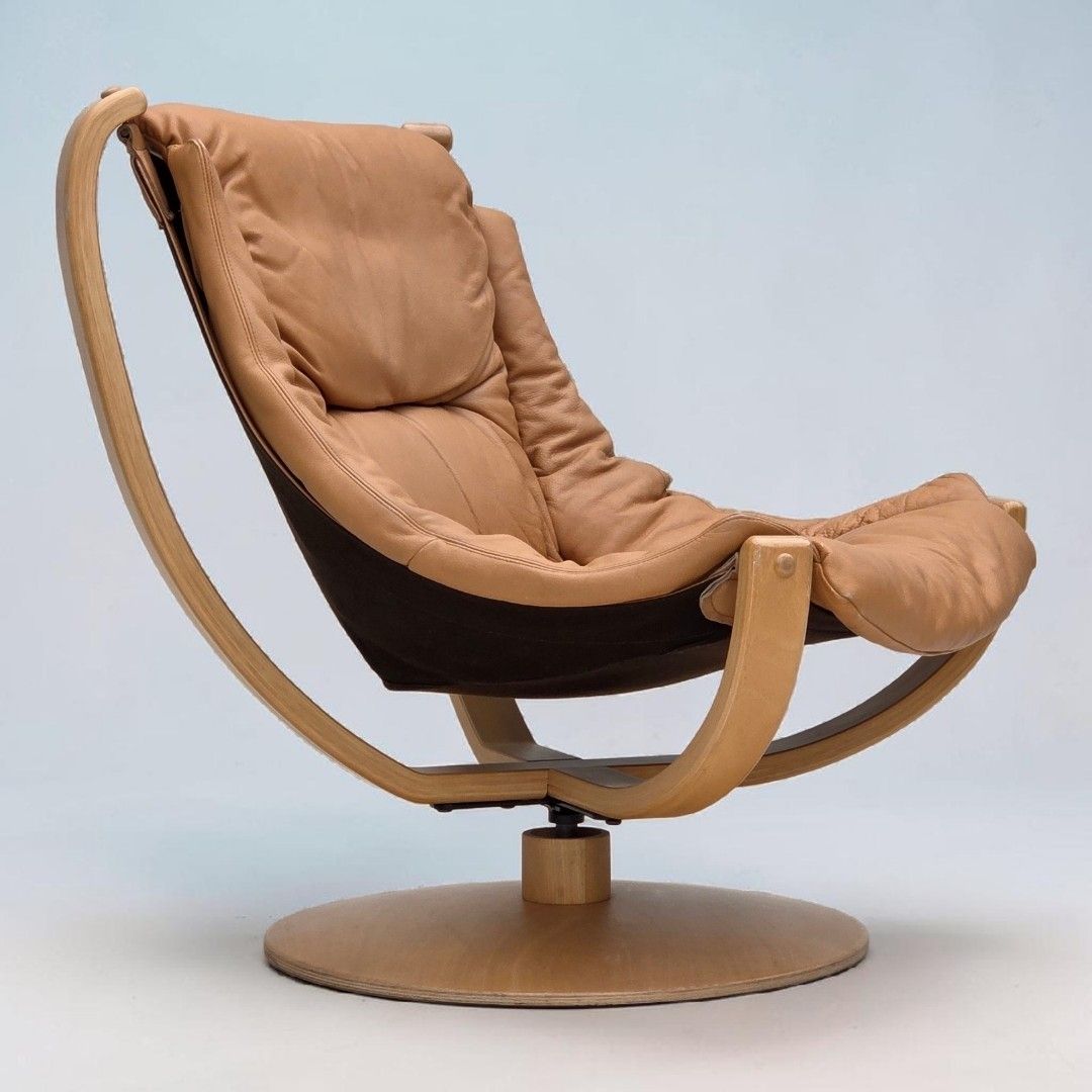1980s, Scandinavian Swivel Armchair, Furniture Leather, Bent Wood.