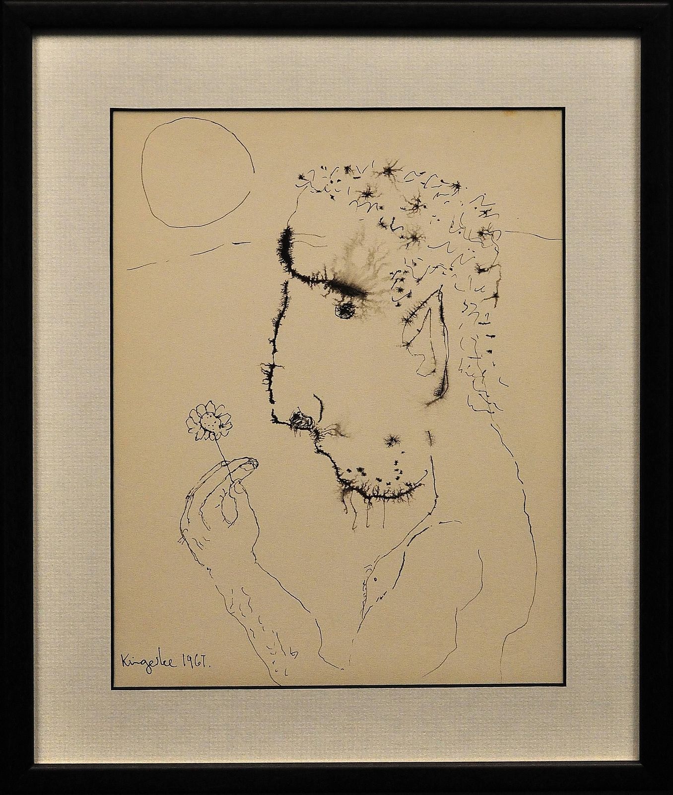 John Kingerlee, geb. 1936. Iers. John, A Self Portrait. Ingelijste moderne Britse mid-century tekening in inkt op papier, Flower Power, gedateerd 1967.