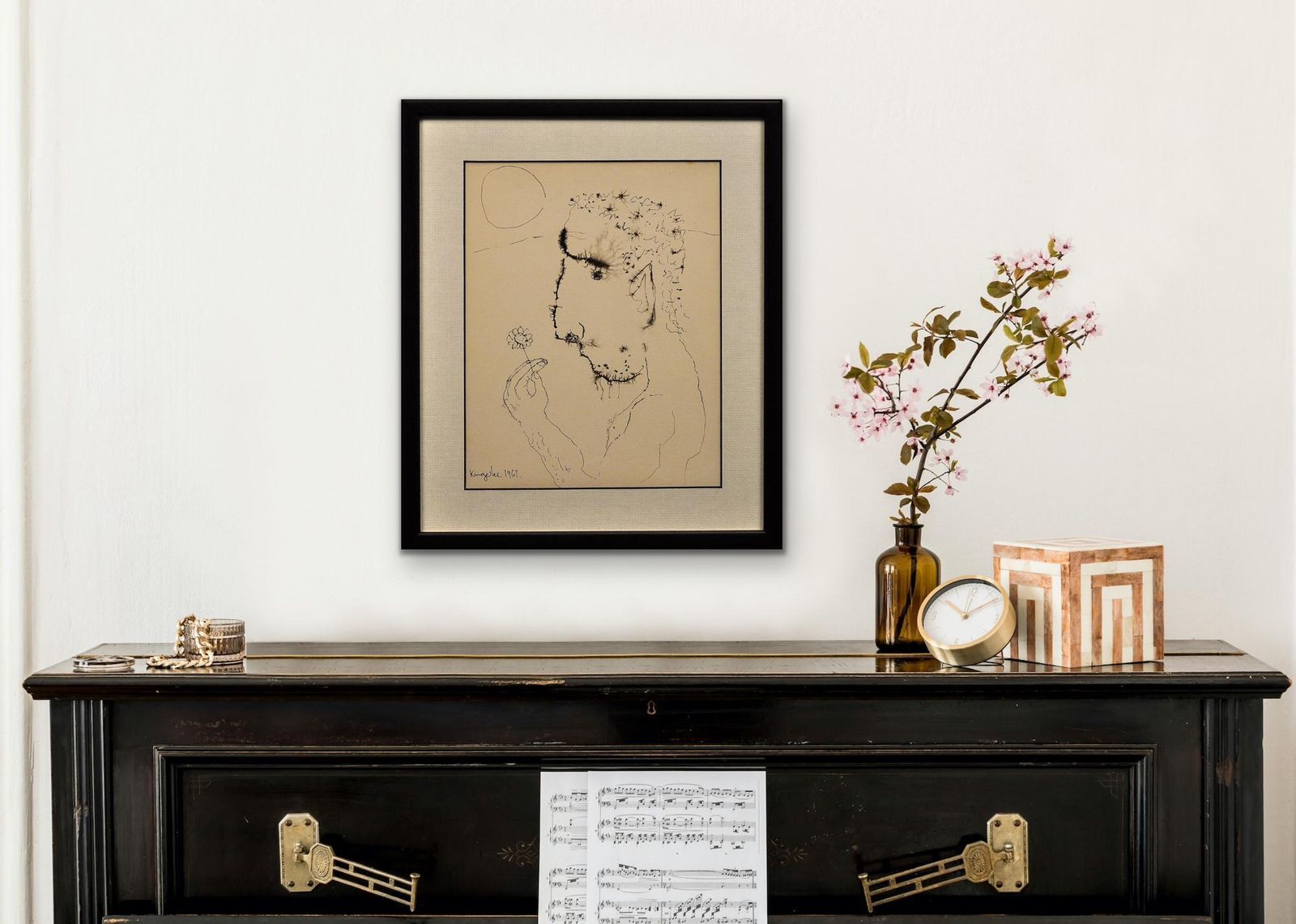 1895.0 John Kingerlee, geb. 1936. Iers. John, A Self Portrait. Ingelijste moderne Britse mid-century tekening in inkt op papier, Flower Power, gedateerd 1967. photo