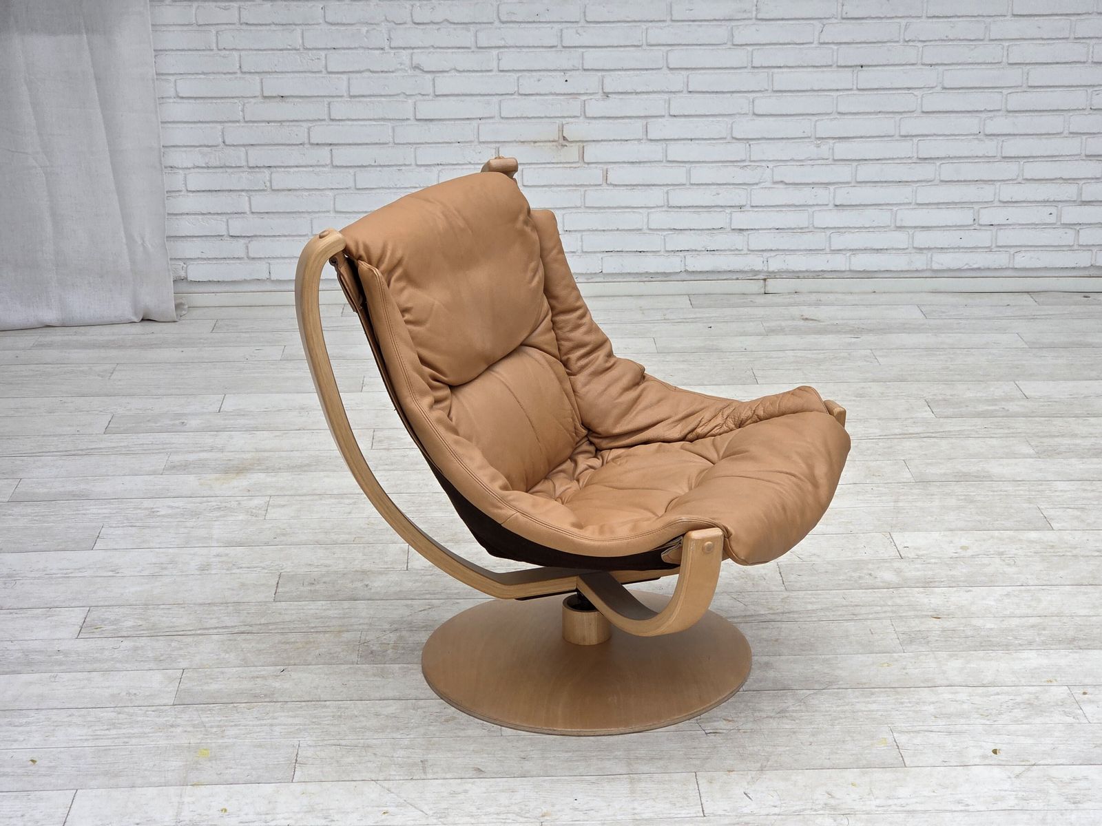 1980s, Scandinavian Swivel Armchair, Furniture Leather, Bent Wood. photo furniture