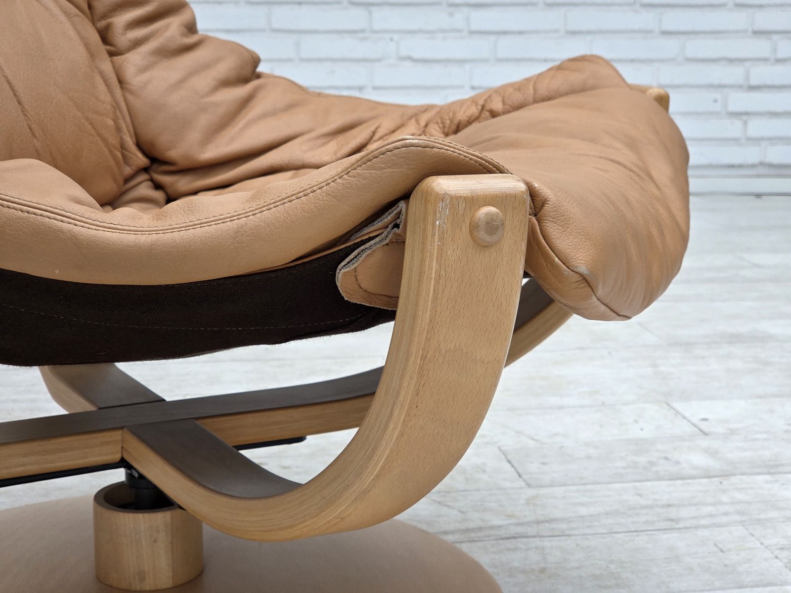 1980s, Scandinavian Swivel Armchair, Furniture Leather, Bent Wood. photo Furniture