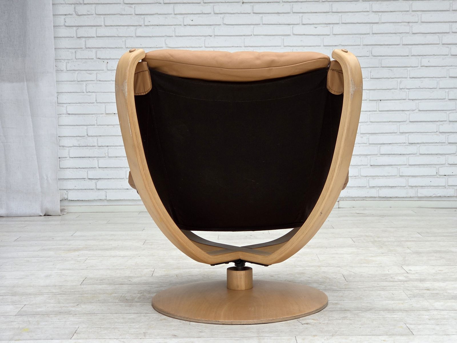 Furniture 1980s, Scandinavian Swivel Armchair, Furniture Leather, Bent Wood. photo