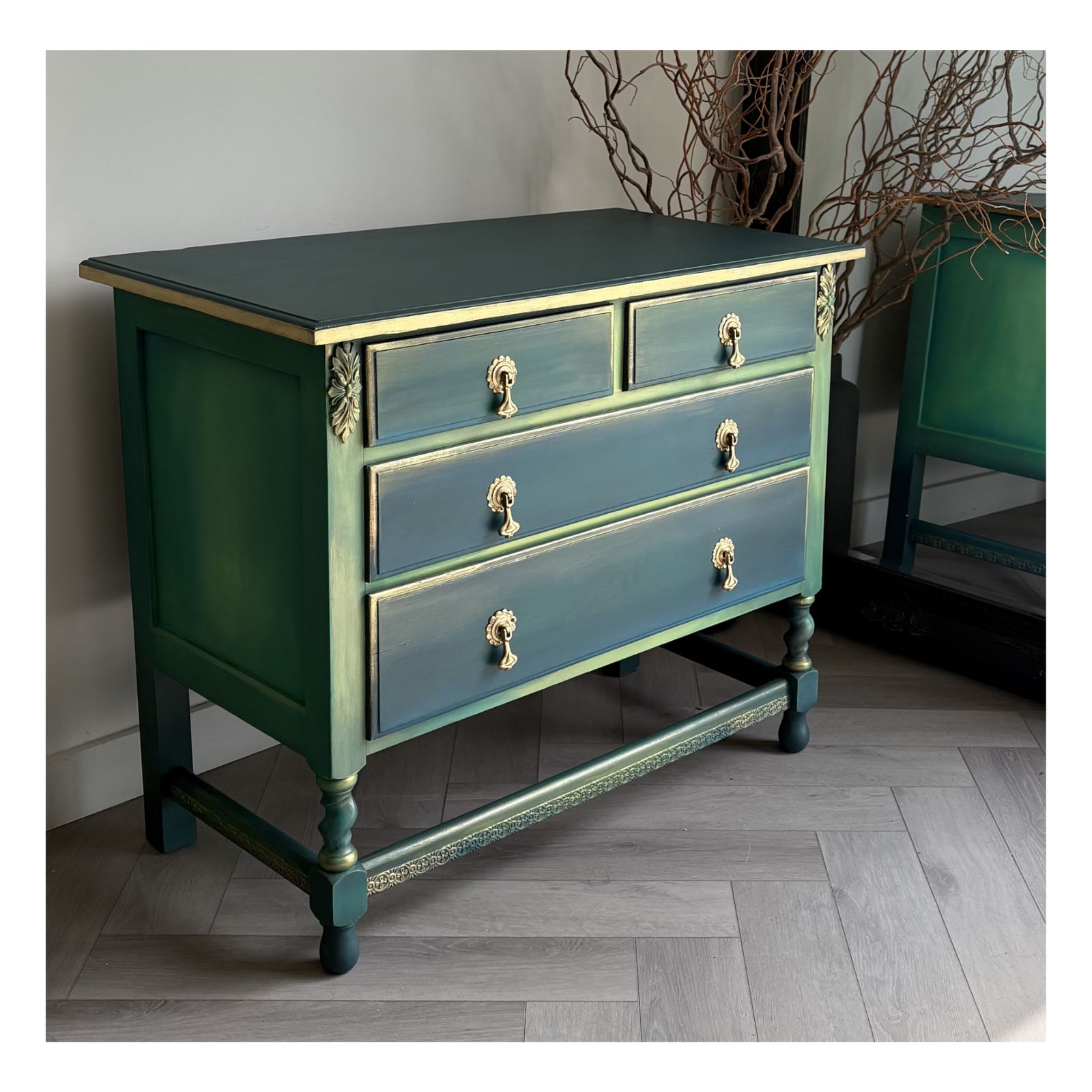 Vintage Oak Chest Of Drawers, Green