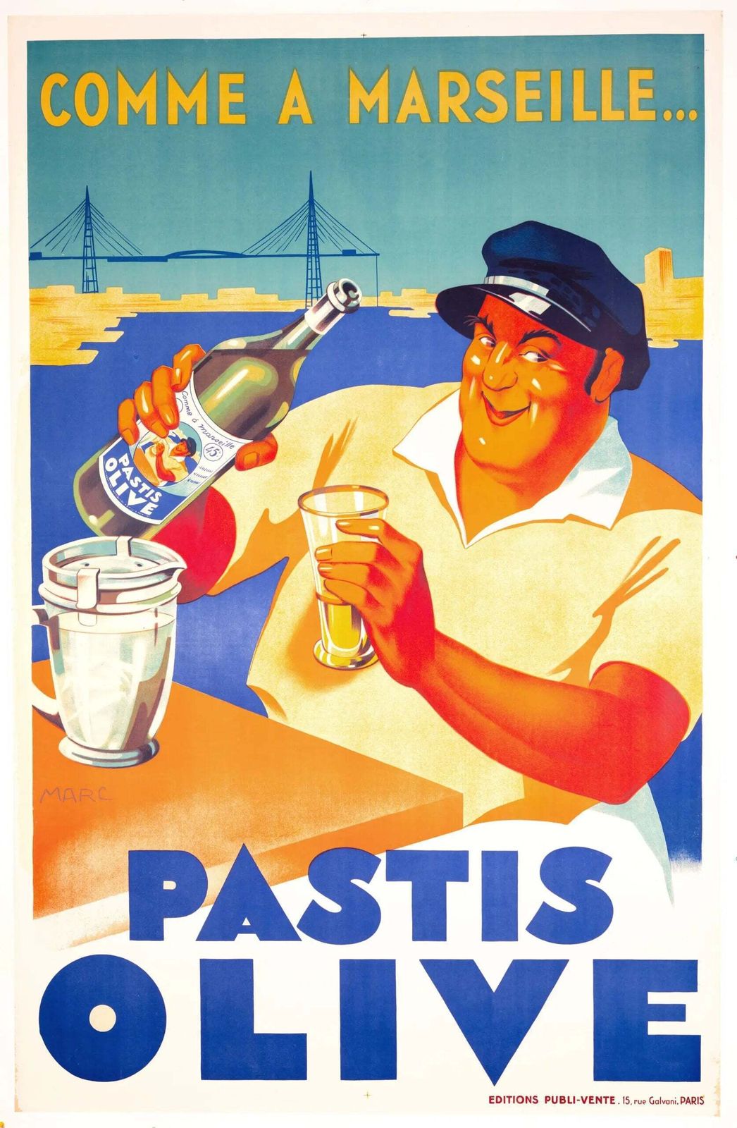 Original 1930 Pastis Olive French Stone Lithograph Advertising Poster