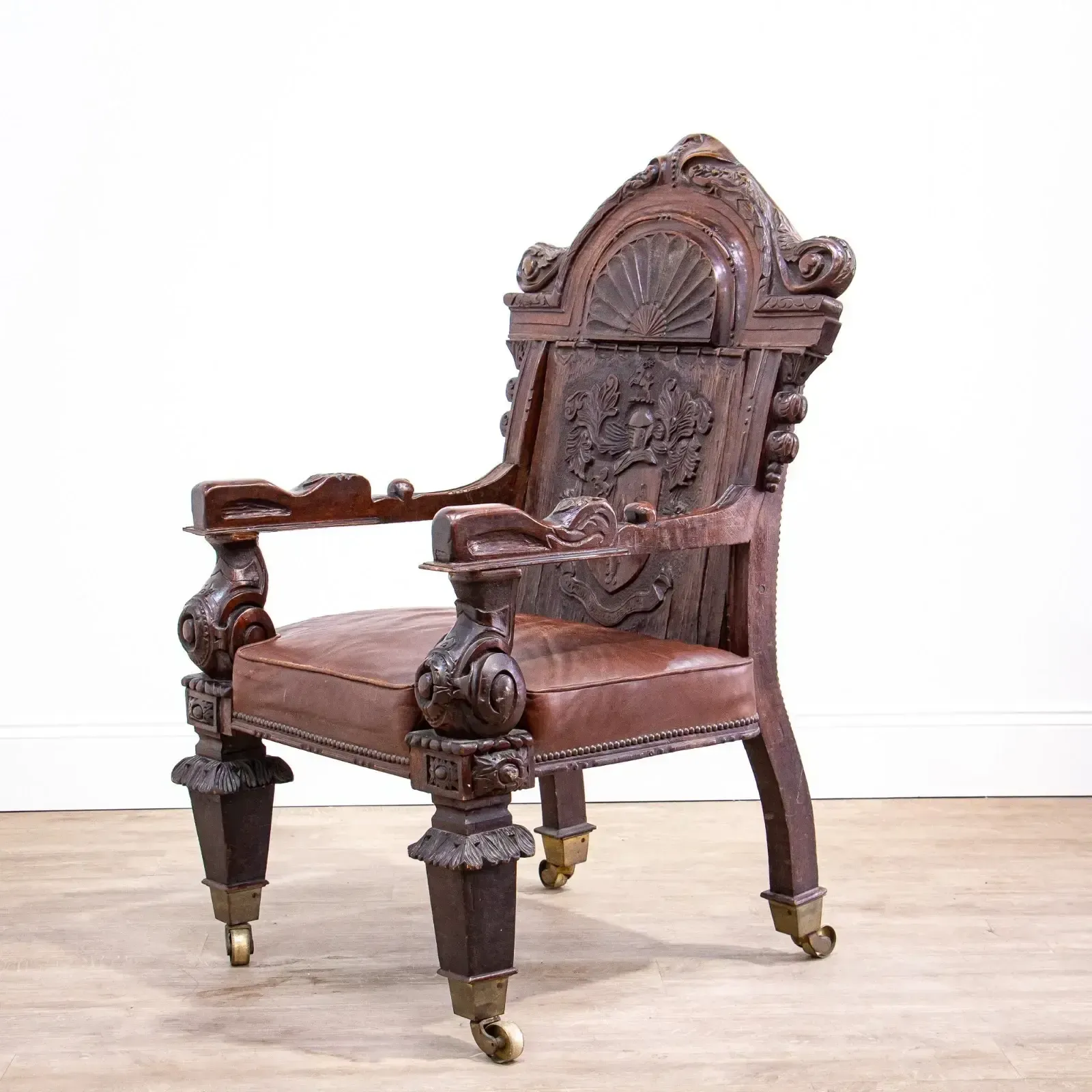 Carved Oak Throne Armchair With Leather Seat photo Furniture