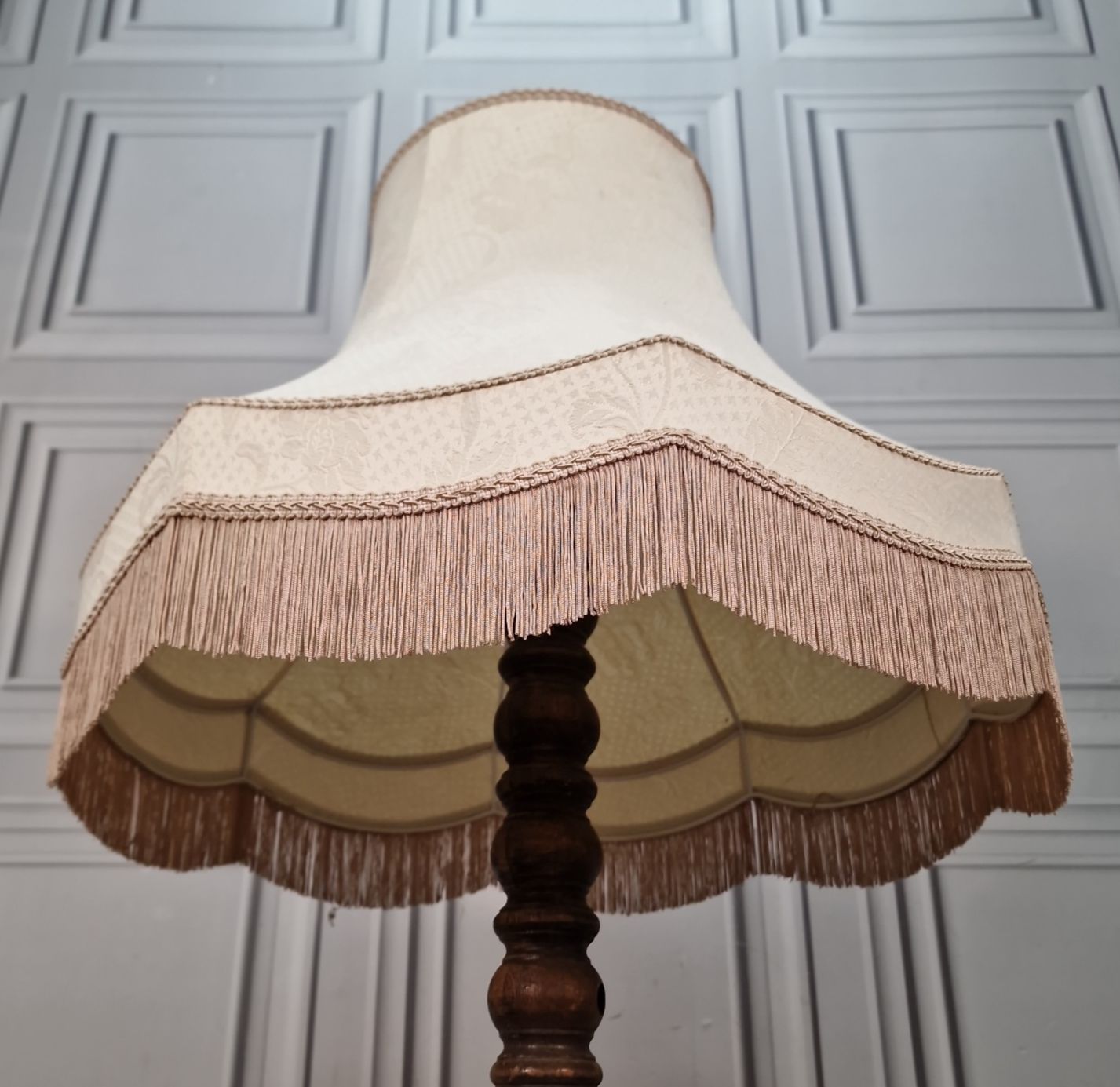 Vintage Large Lampshade   Fringe Trim Fabric Standard Lamp Light Shade   Retro photo for sale