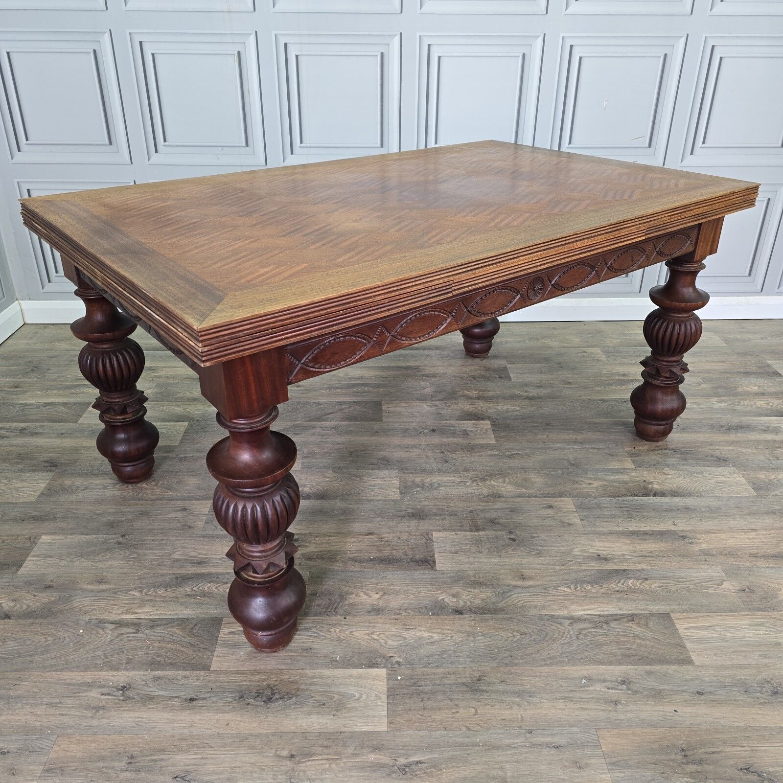 Antique Walnut Dining Table   Large Extending Parquetry Top   Solid Wood Carved
