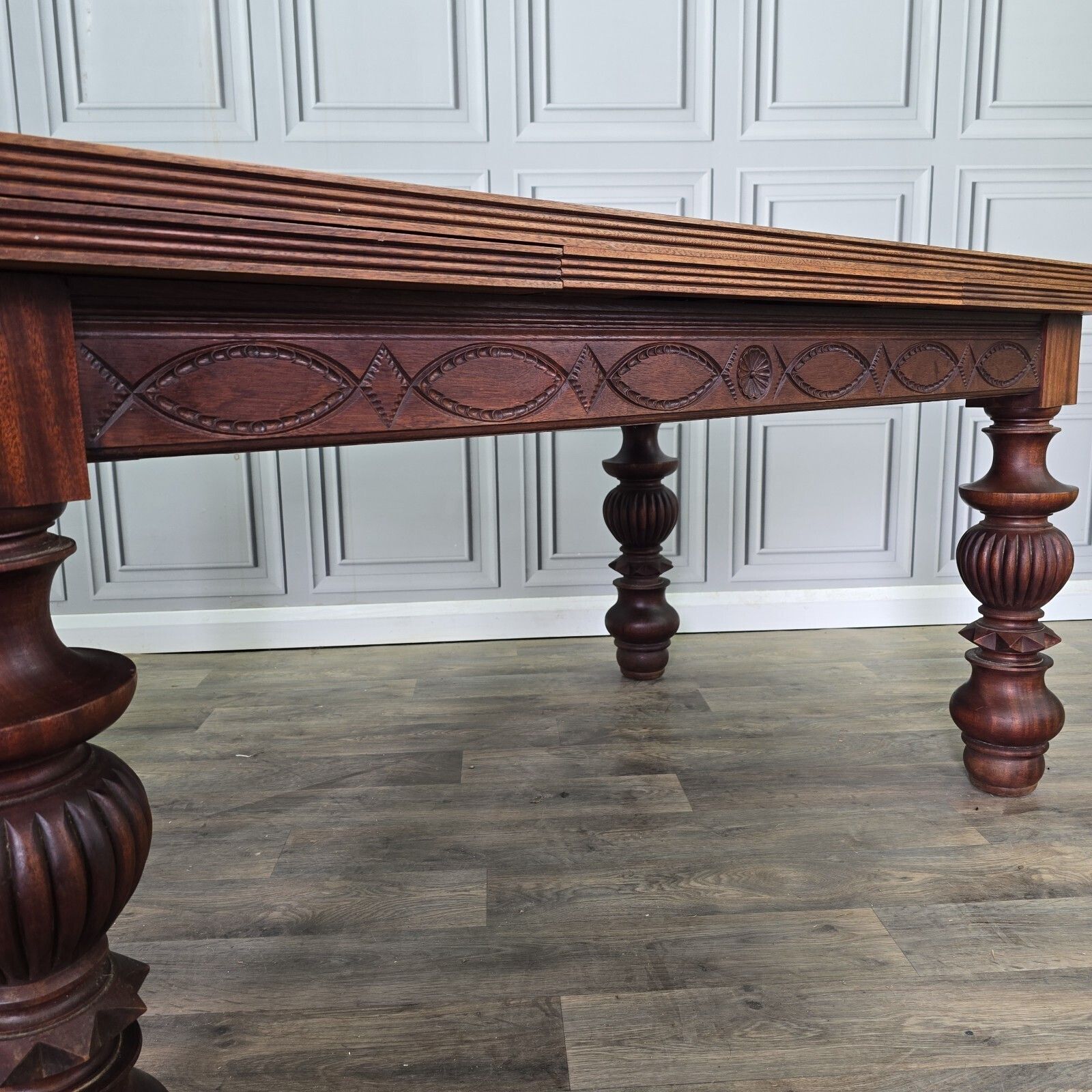 photo furniture Antique Walnut Dining Table   Large Extending Parquetry Top   Solid Wood Carved
