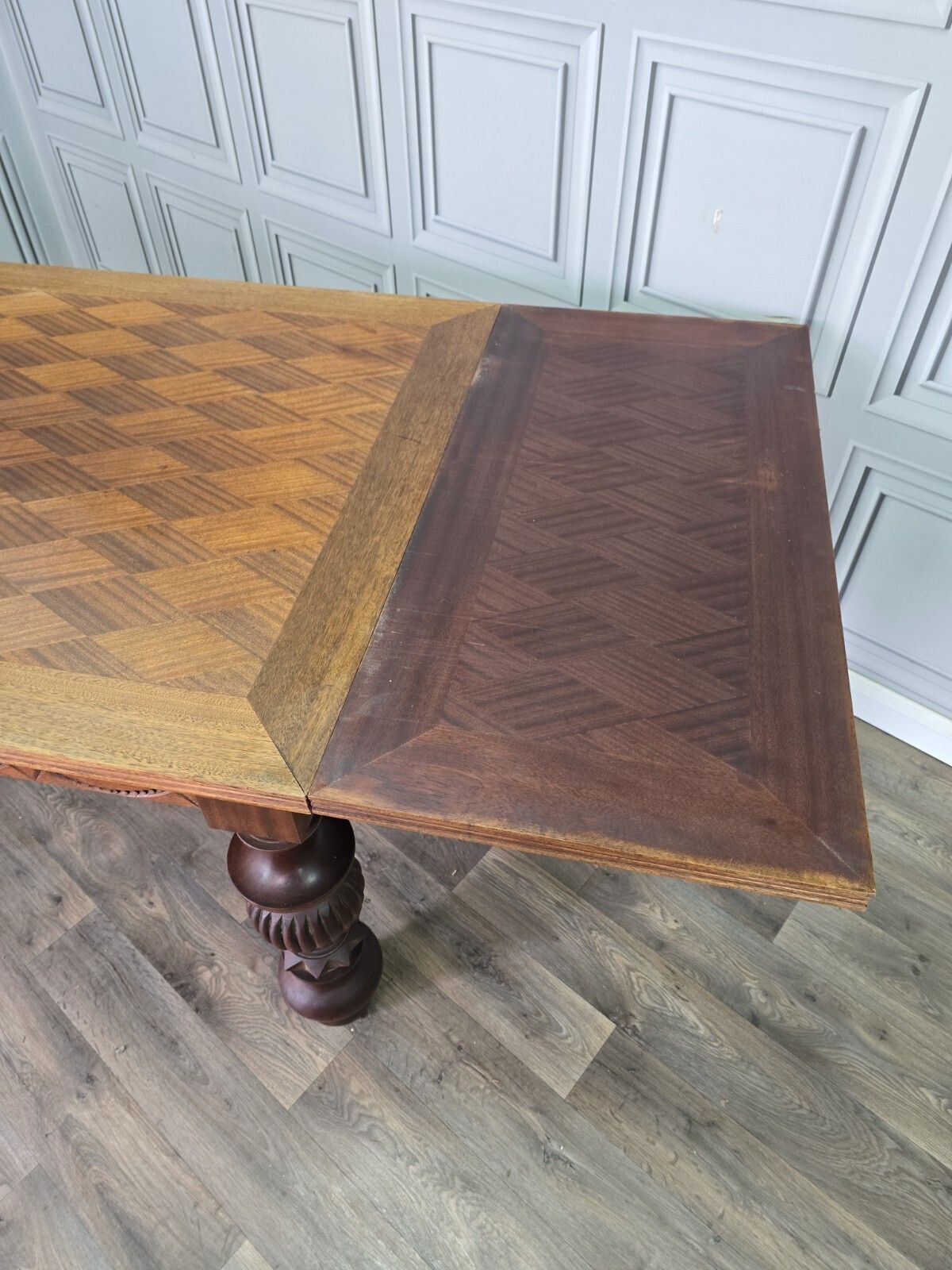 Furniture Antique Walnut Dining Table   Large Extending Parquetry Top   Solid Wood Carved photo