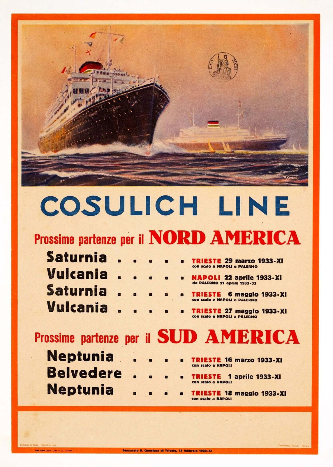Cosulich Line Klodic Italiaanse Lithografie Reisposter 1933