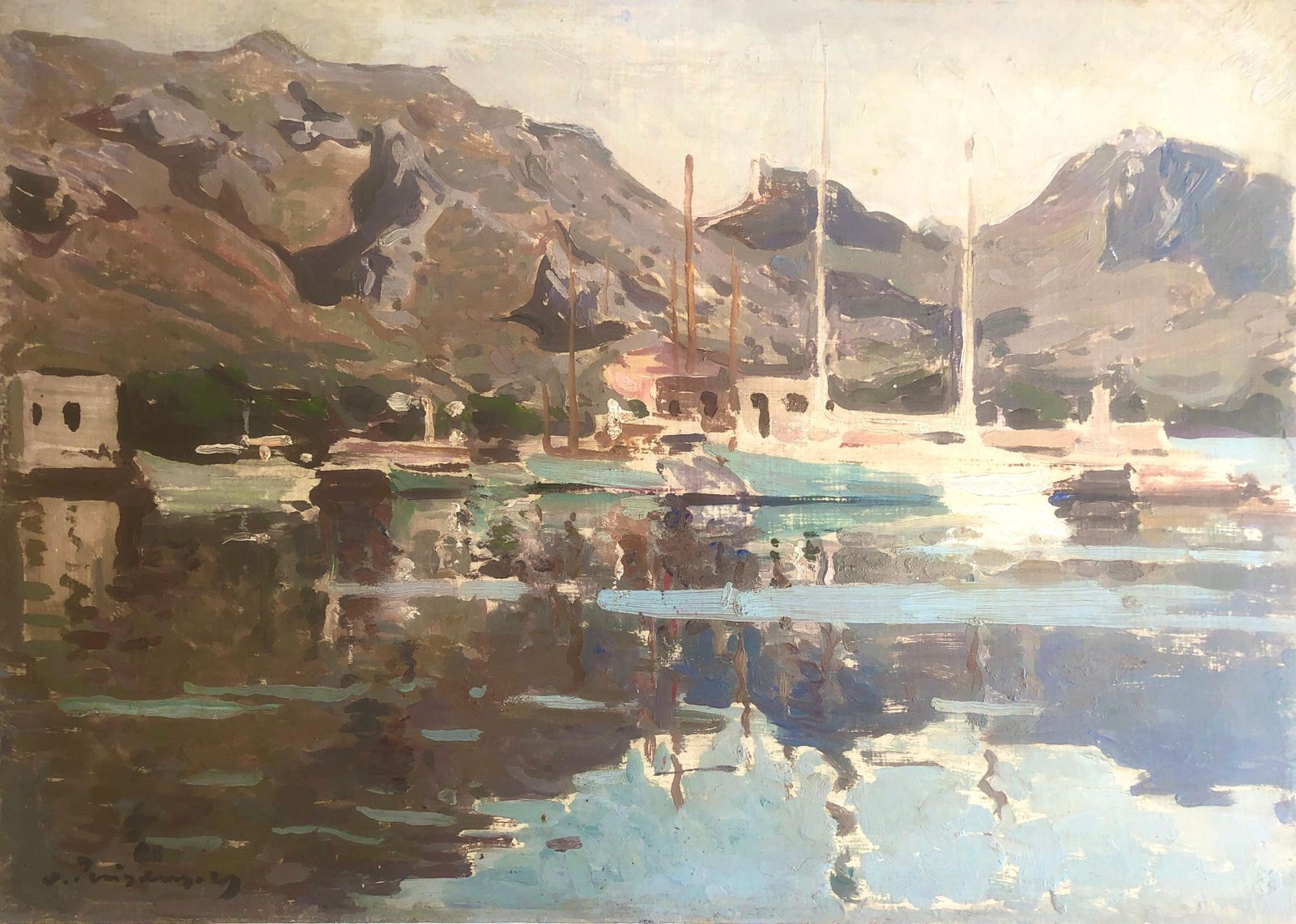 Josep Puigdengolas Mediterranean Harbor In Pollensa Mallorca With Sailboats And Reflections Oil C.1975
