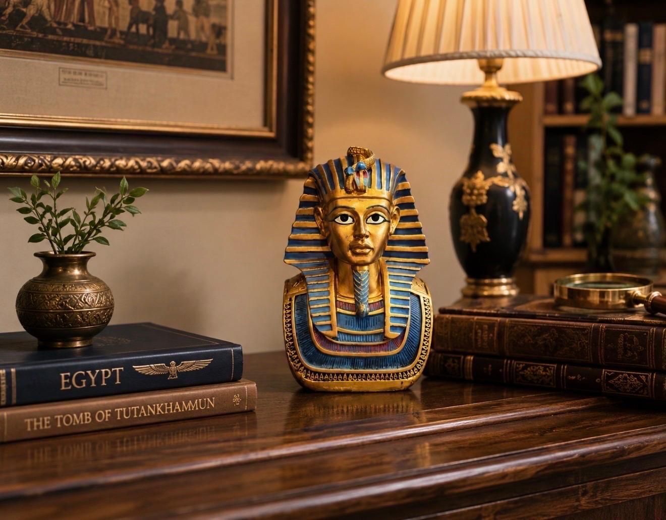 Egyptian Pharaoh Tutankhamun Bust Sculpture, Decorative Ancient Egyptian Revival photo vintage