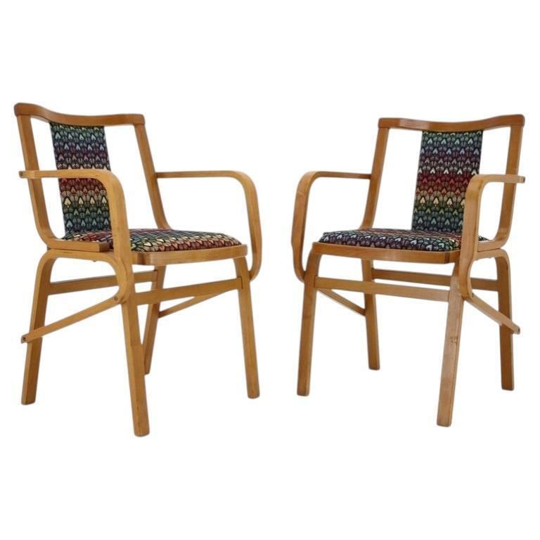 Set van twee zeldzame Tsjechoslowaakse gebogen houten fauteuils uit de jaren 1970 van TON, met kleurrijk patroon photo furniture