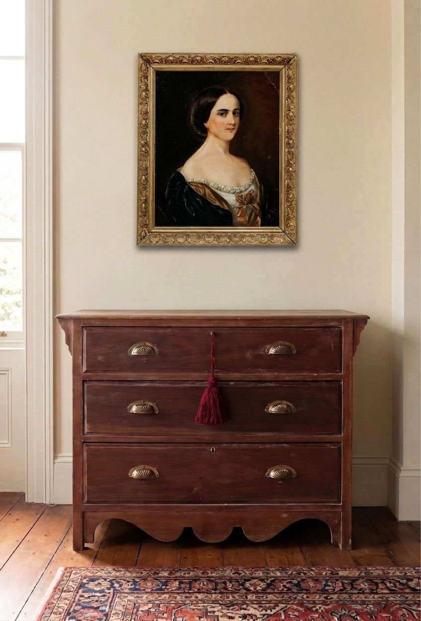 Mid 19th Century Oil   Portrait Of A Fashionable Lady. photo for sale