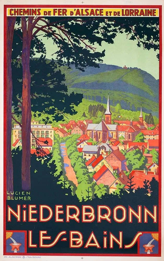 Vintage lithografieposter uit 1930, Niederbronn Les Bains, Franse spoorwegen