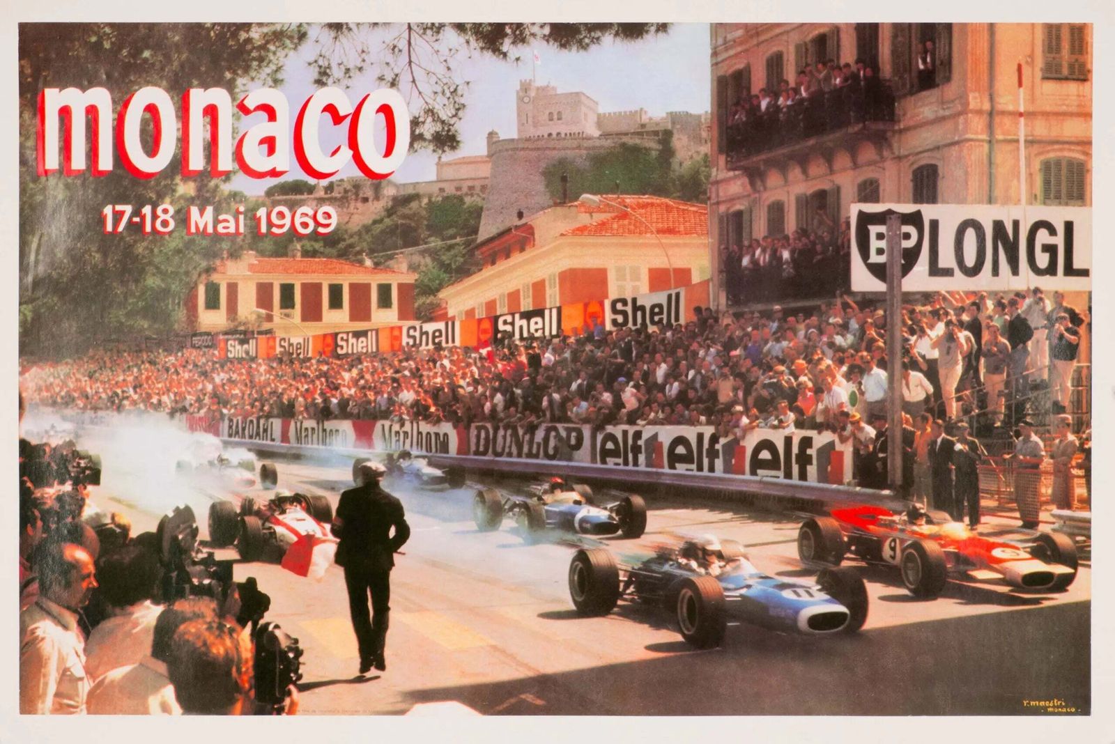 Vintage 1969 Monaco Grand Prix Automobielaffiche Maestri Artwork op Linnen