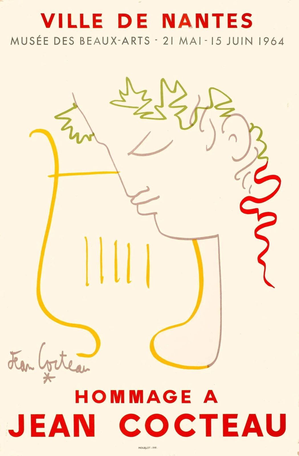 Affiche d'exposition, lithographie sur pierre, Hommage à Jean Cocteau, 1964