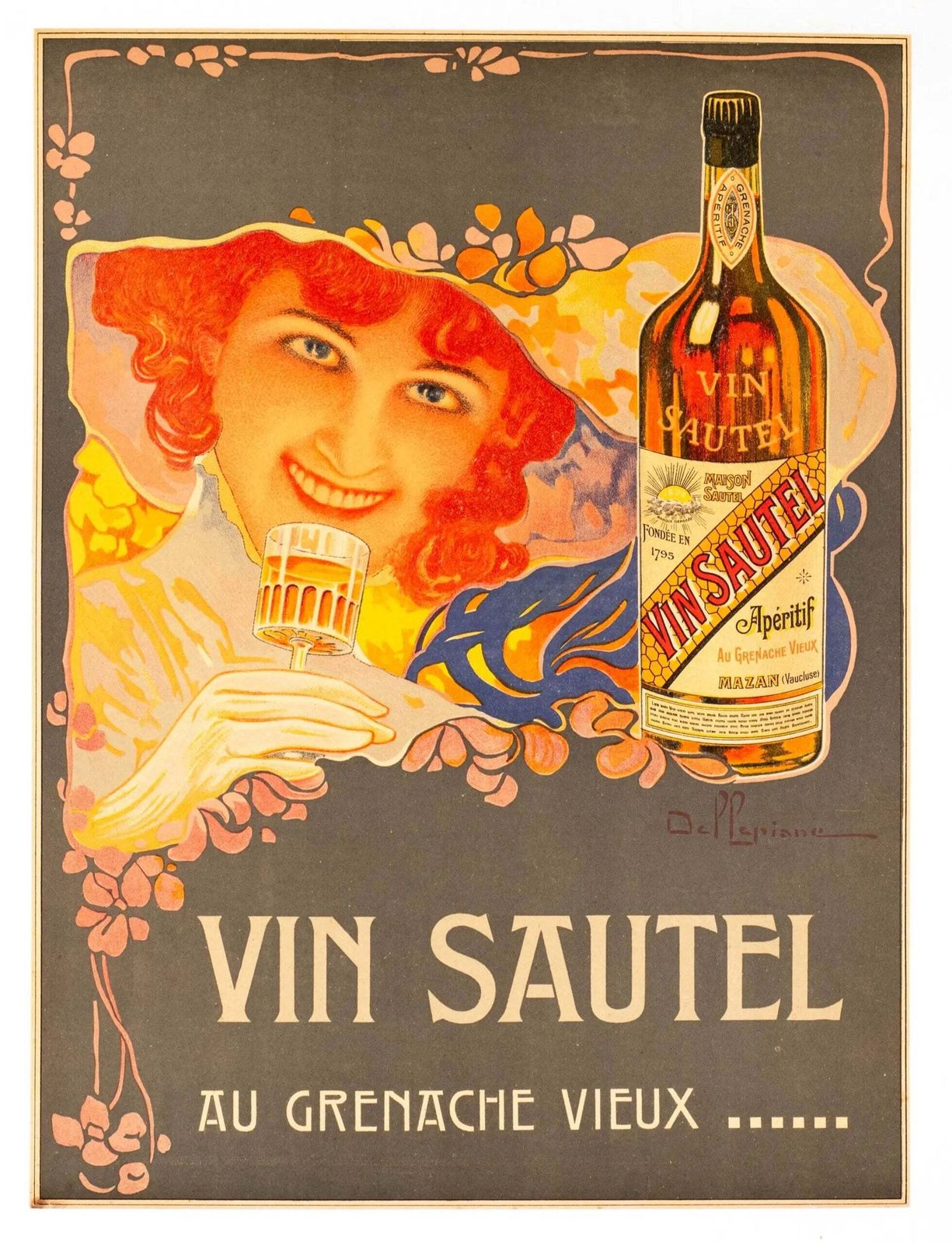 Vin Sautel French Wine Art Nouveau Vintage Lithograph Poster 1910