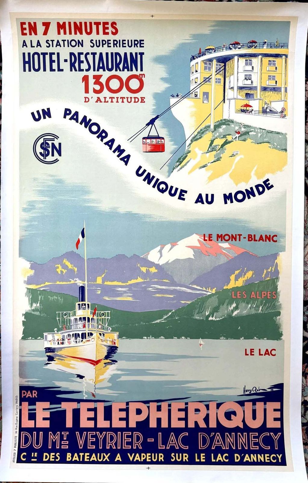 Affiche lithographique vintage Henry Reb, Lac d'Annecy SNCF, 1939