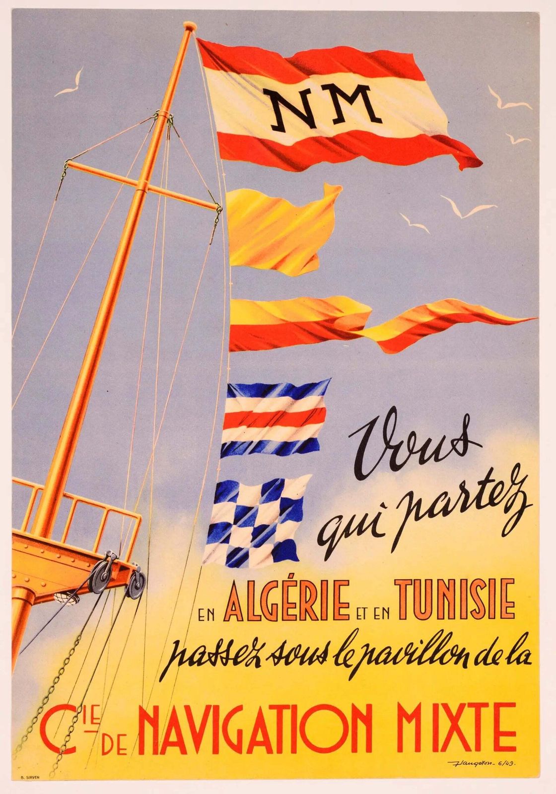 Original Vintage 1949 Compagnie De Navigation Mixte Algeria Tunisia Travel Poster