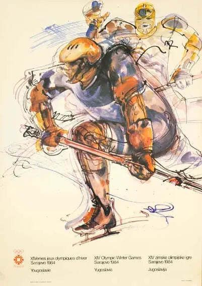 Affiche artistique vintage Jeux olympiques d'hiver de Sarajevo 1984, joueur de hockey