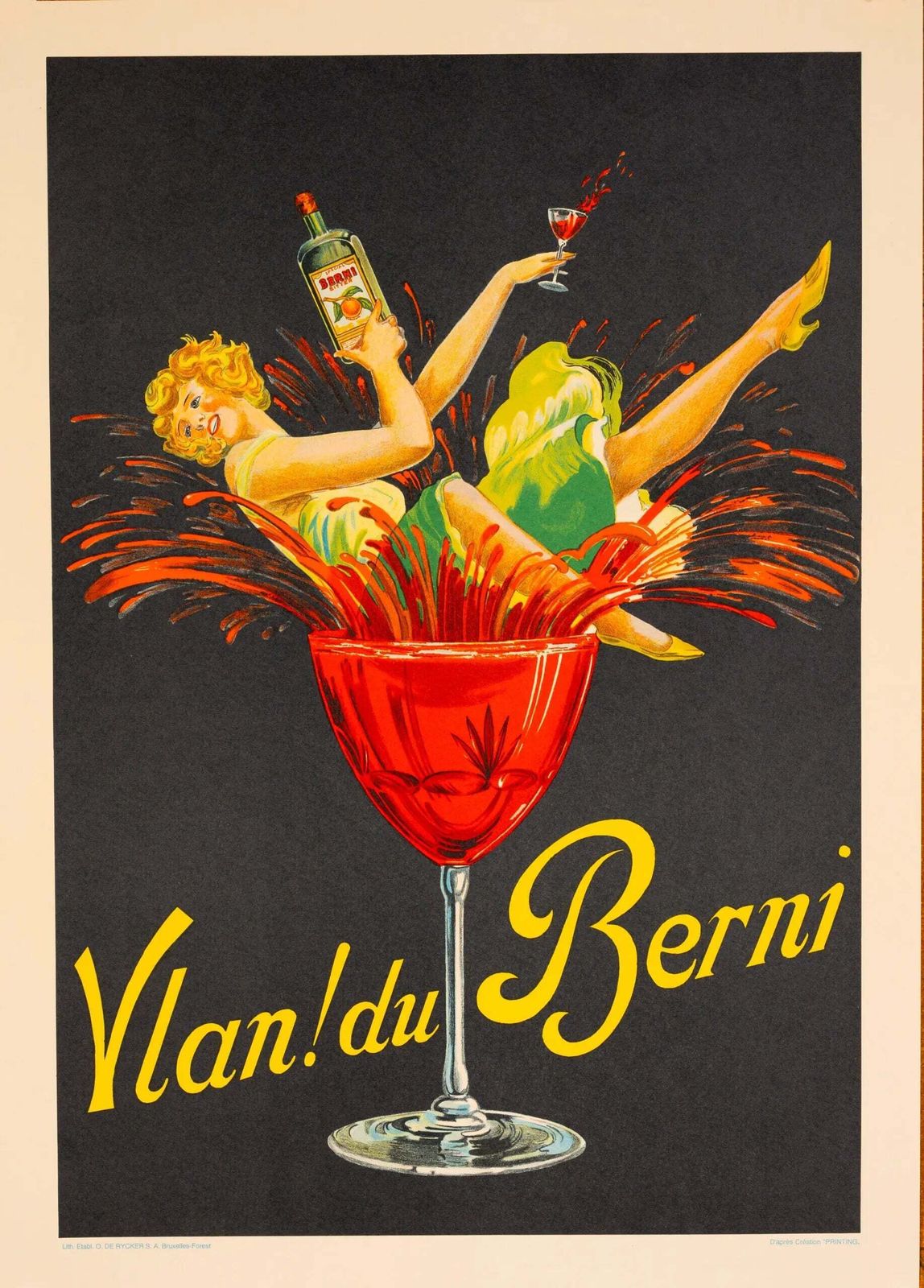 Affiche publicitaire lithographiée Vlan Du Berni, liqueur belge, années 1930