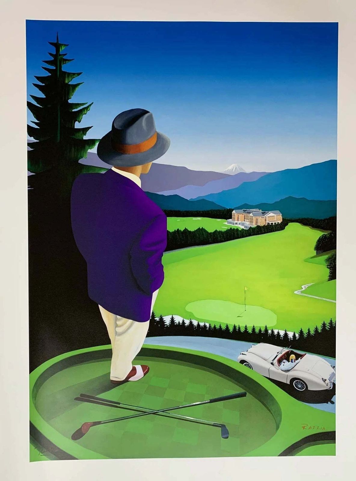 Affiche de golf Razzia, sérigraphie signée à la main, avec Jaguar XK120