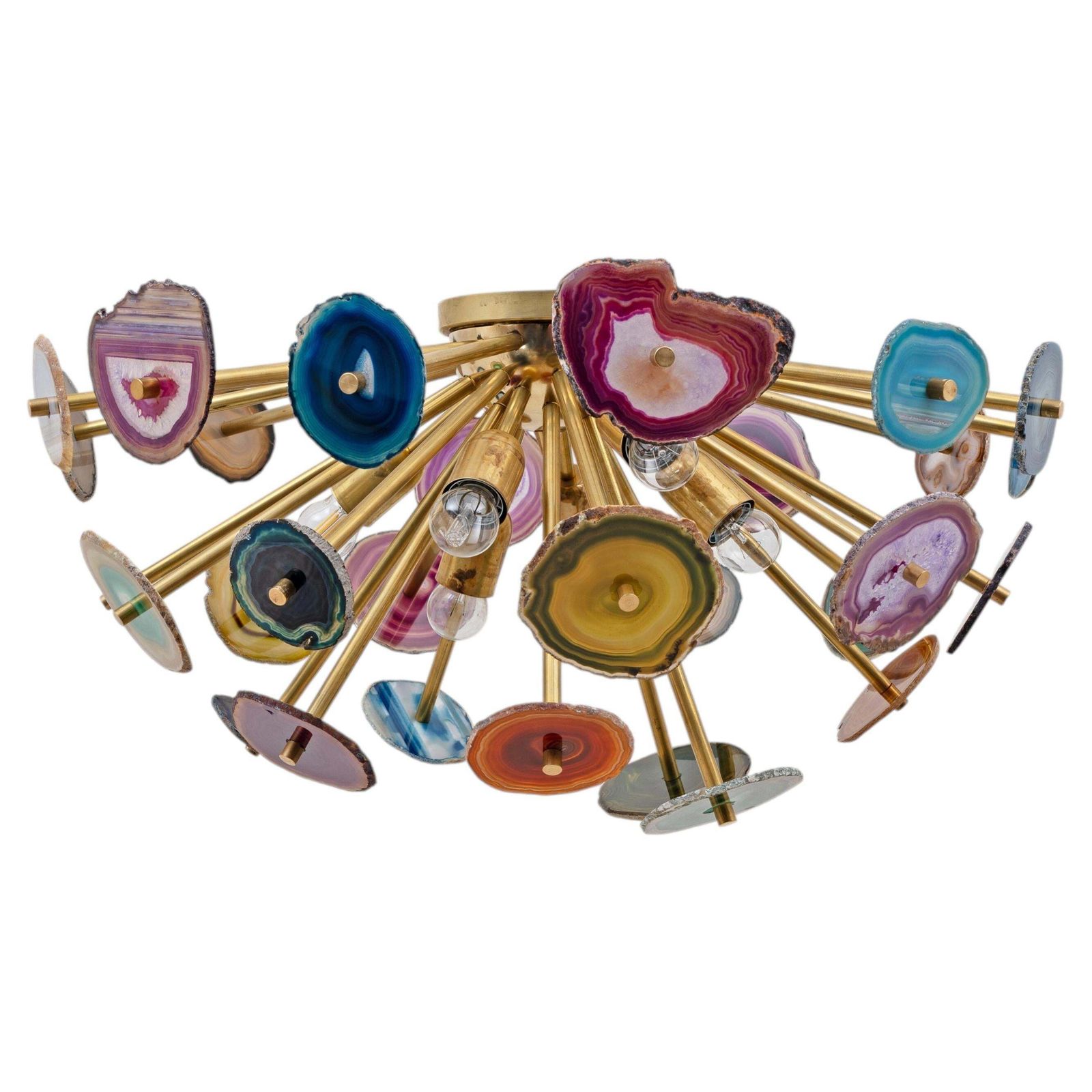 Italian Designed "Sputnik" Ceiling Lamp With Agate Stone Sections And Brass
