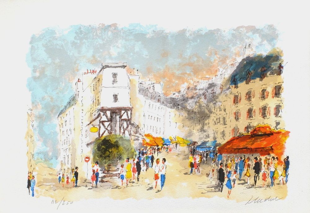 Lithographie signée Urbain Huchet, Paris, Montmartre la rue Lepic, 2000