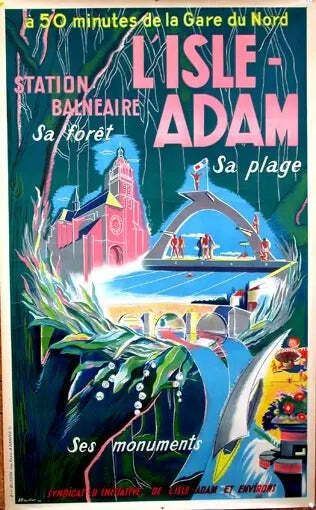 Original 1949 Isle Adam Sa Plage Lithograph Travel Poster