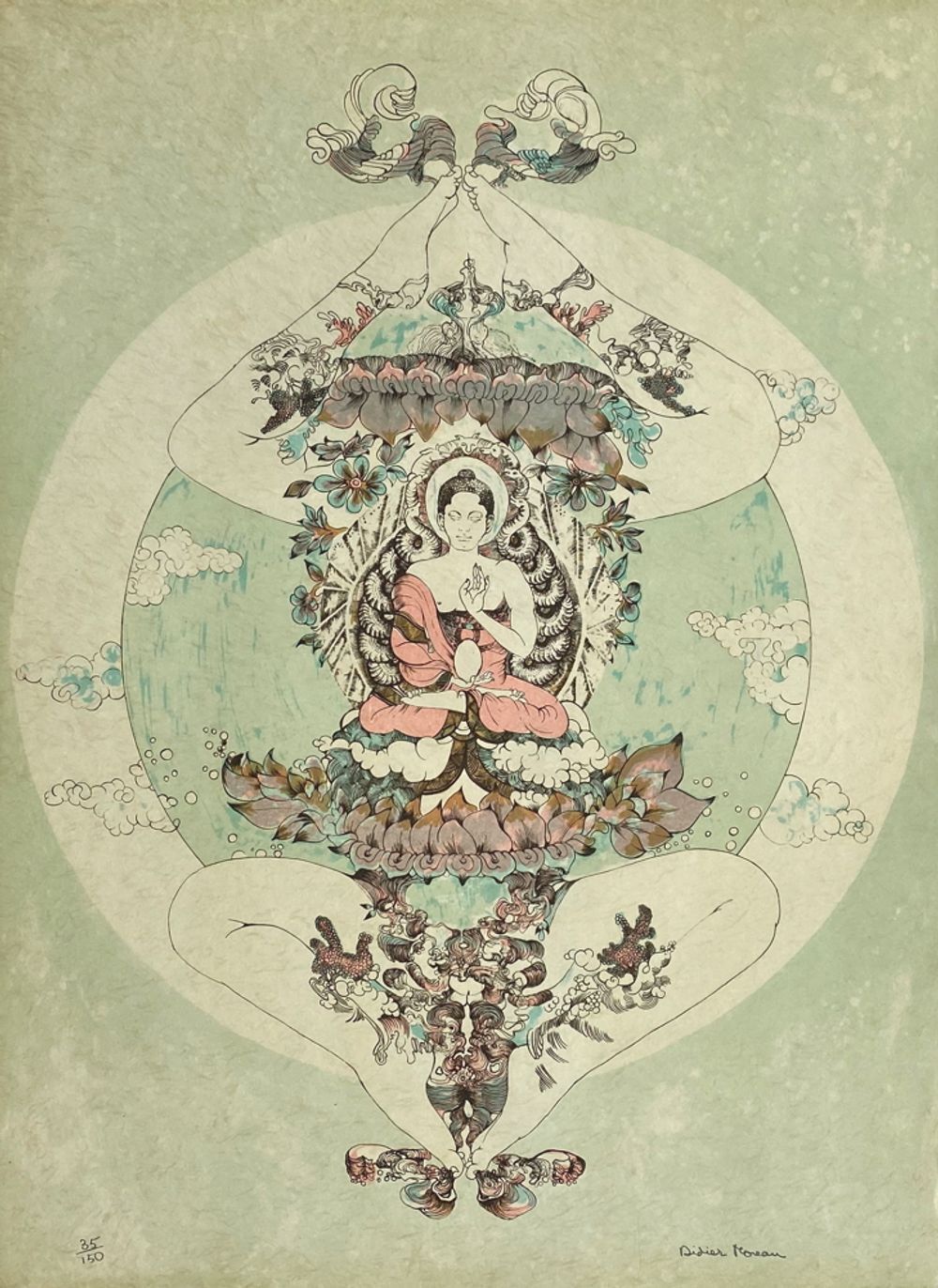 Lithographie signée Didier Moreau, Bouddha, 1965
