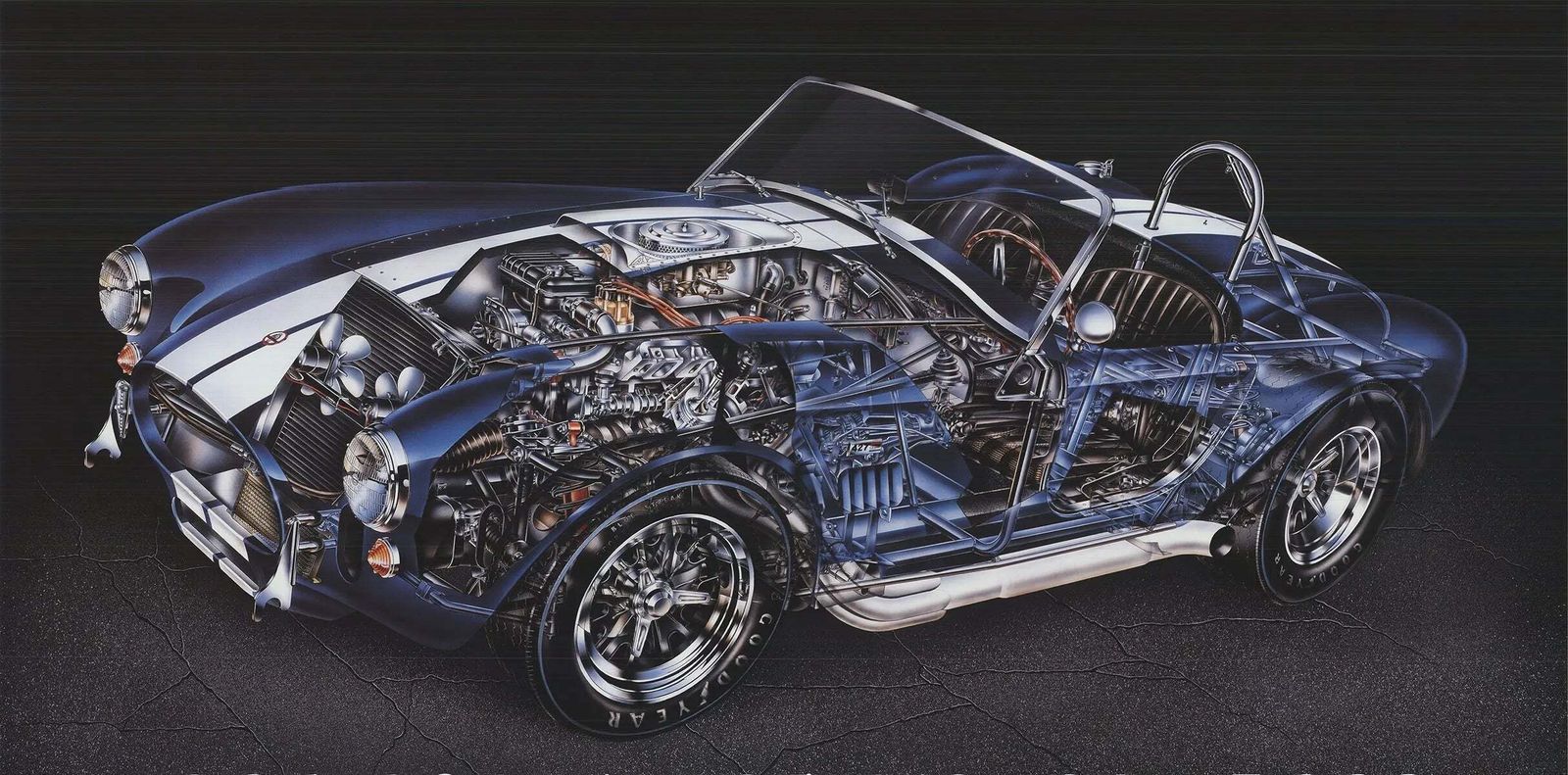 Affiche technique David Kimble, illustration en coupe de la Shelby 427 Cobra de 1965 photo furniture