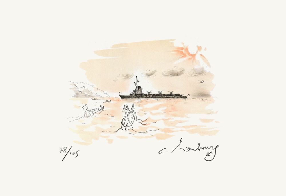 André Hambourg Gesigneerde Lithografie Revue Navale 1985