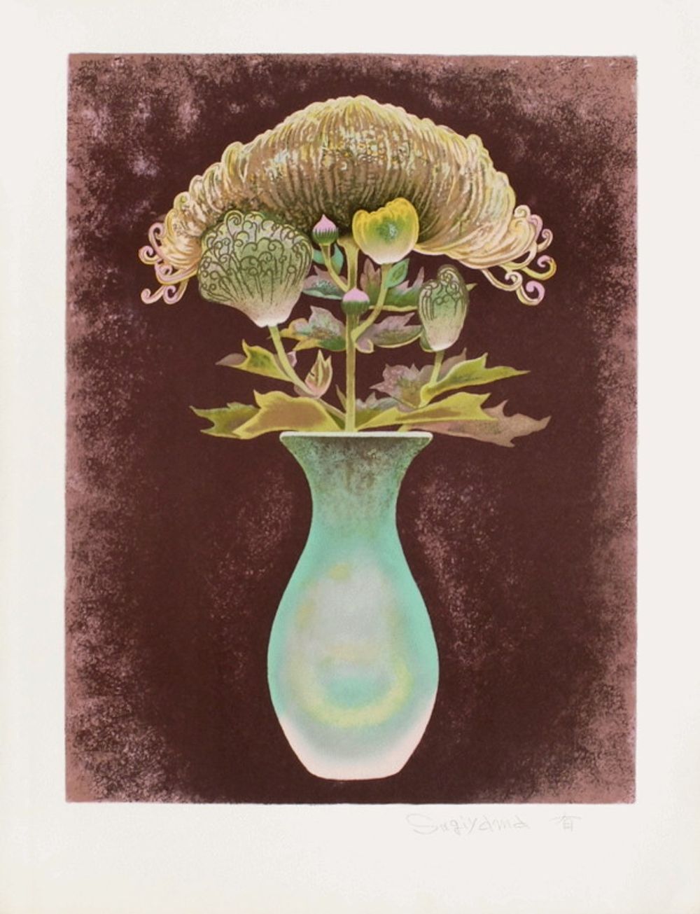 Lithographie signée Yu Sugiyama, Fleur au vase, 1975