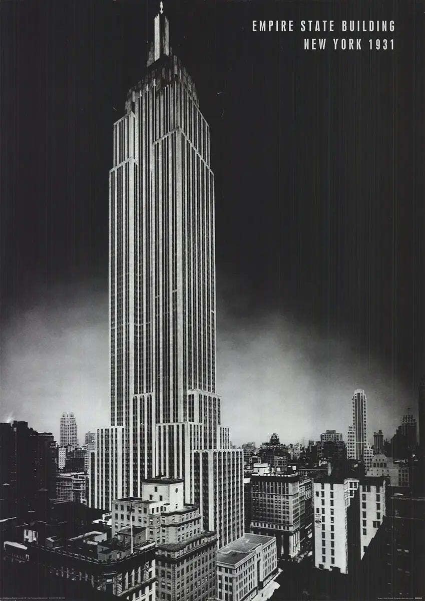 Vintage 1931 Empire State Building Architectuur Zwart-Wit Lithografie Poster