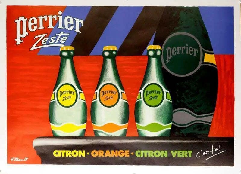 Vintage poster Perrier Zeste 1987, Bernard Villemot, linnen ondersteunde lithografie